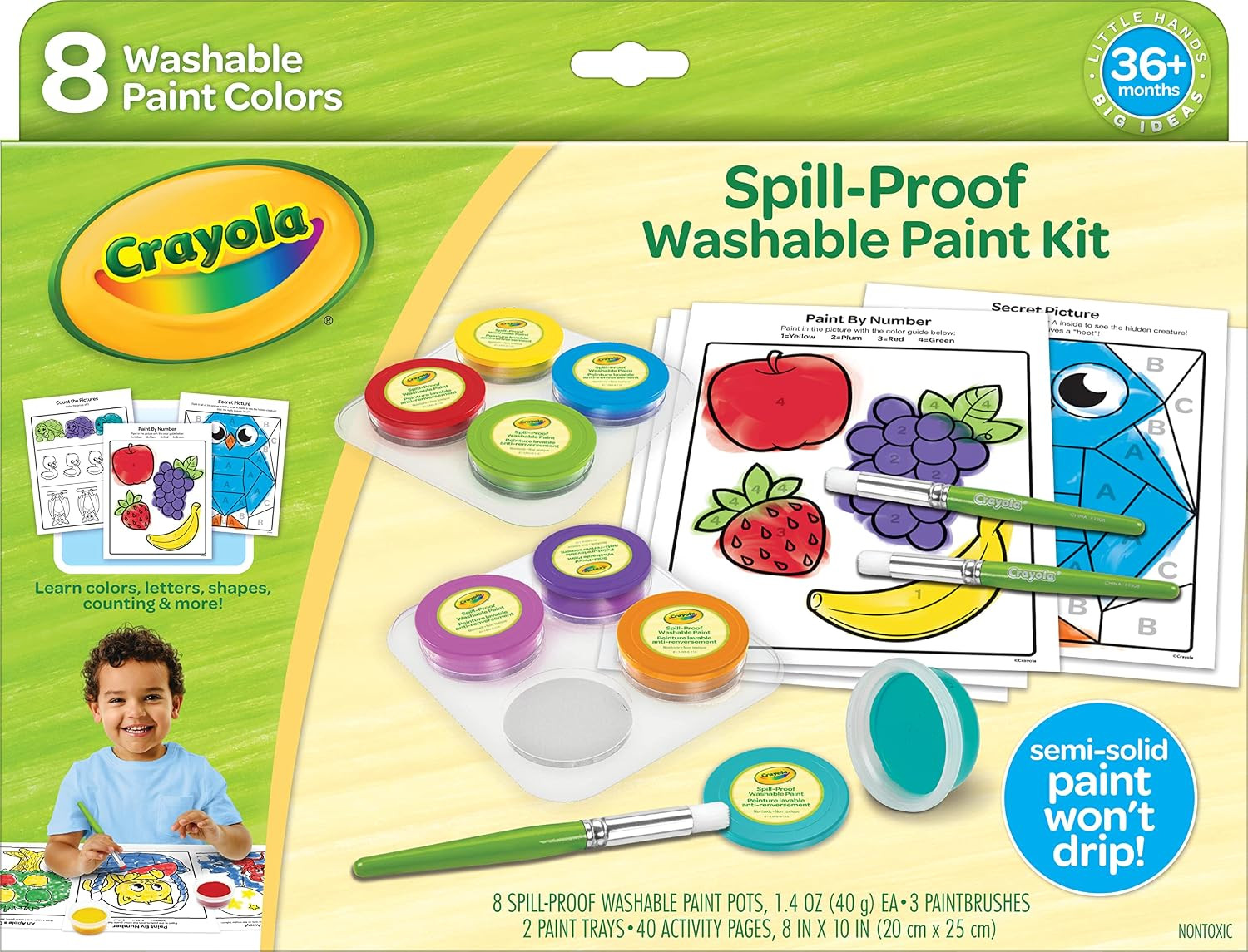 Crayola Spill Proof Paint Set (8ct), Washable Toddler Paint Kit, with Activity Pages, Kids Paint Brushes, Paint Pots, Ages 3+ | Amazon (US)