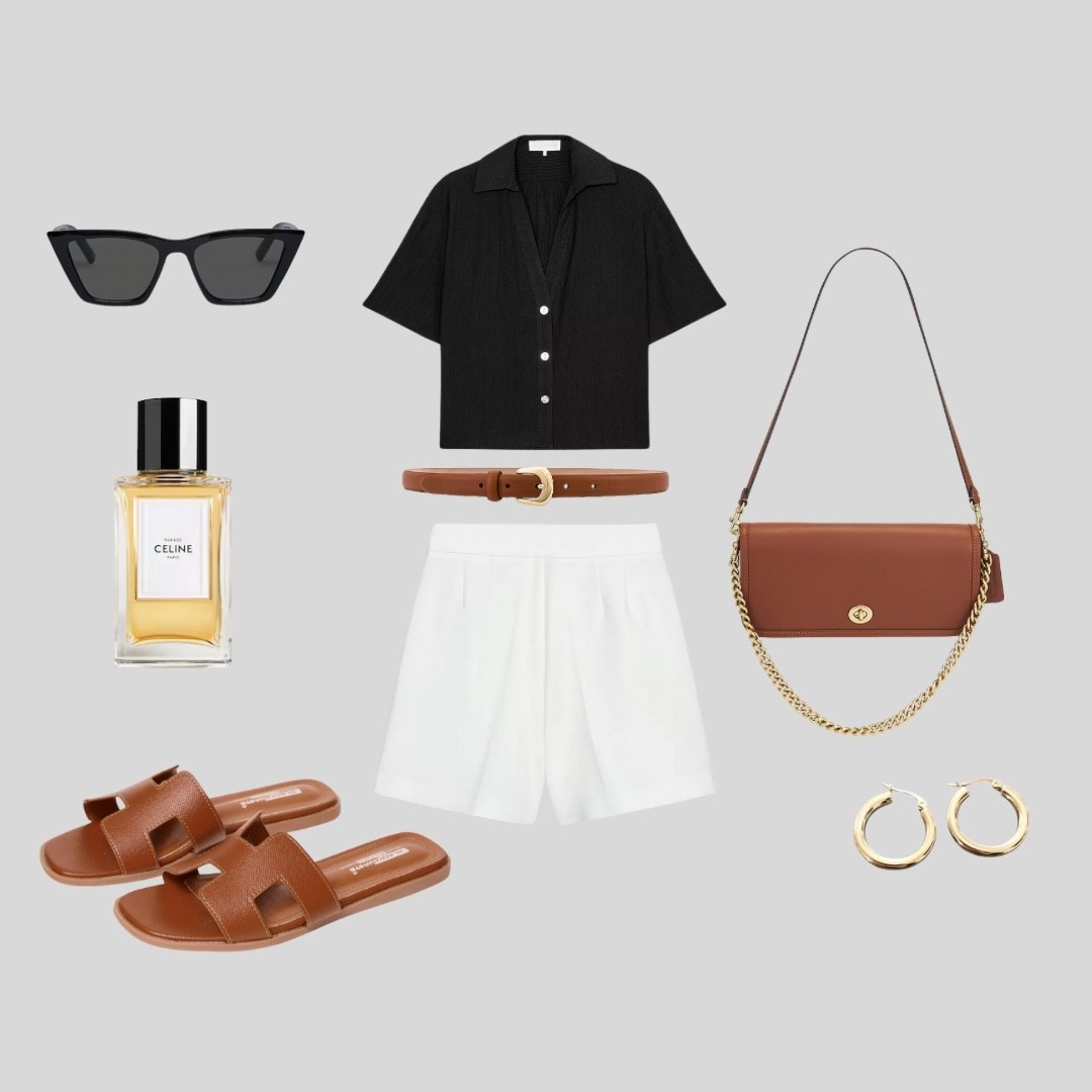 Classic summer outfit idea: a black button-down shirt paired with white tailored shorts, brown leather sandals, and a matching shoulder bag with gold chain detail. Styled with hoop earrings, a slim leather belt, oversized sunglasses, and Celine perfume for a chic and timeless finish. 
