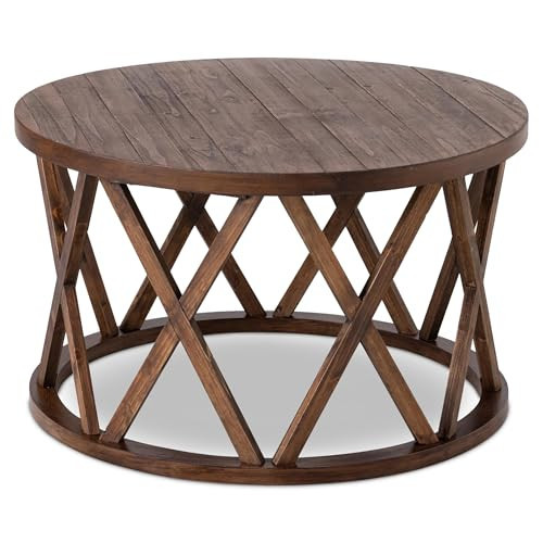 COZAYH Rustic Farmhouse - Round Coffee Table - X-Motif Legs, Brown | Amazon (US)