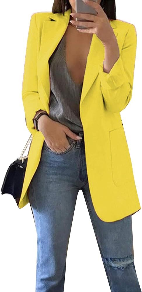 OMZIN Women's Long Sleeve Lapel Pockets Blazer Open Front Office Jacket | Amazon (US)