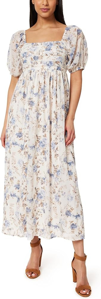 WallFlower Women's Eliza Pleated Bodice Puff Sleeve Chiffon Maxi Dress | Amazon (US)