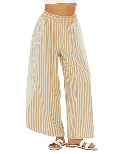 Athlisan Womens Summer Casual Loose Striped Wide Leg Lounge Pants Elastic Waist Palazzo Trousers | Amazon (US)