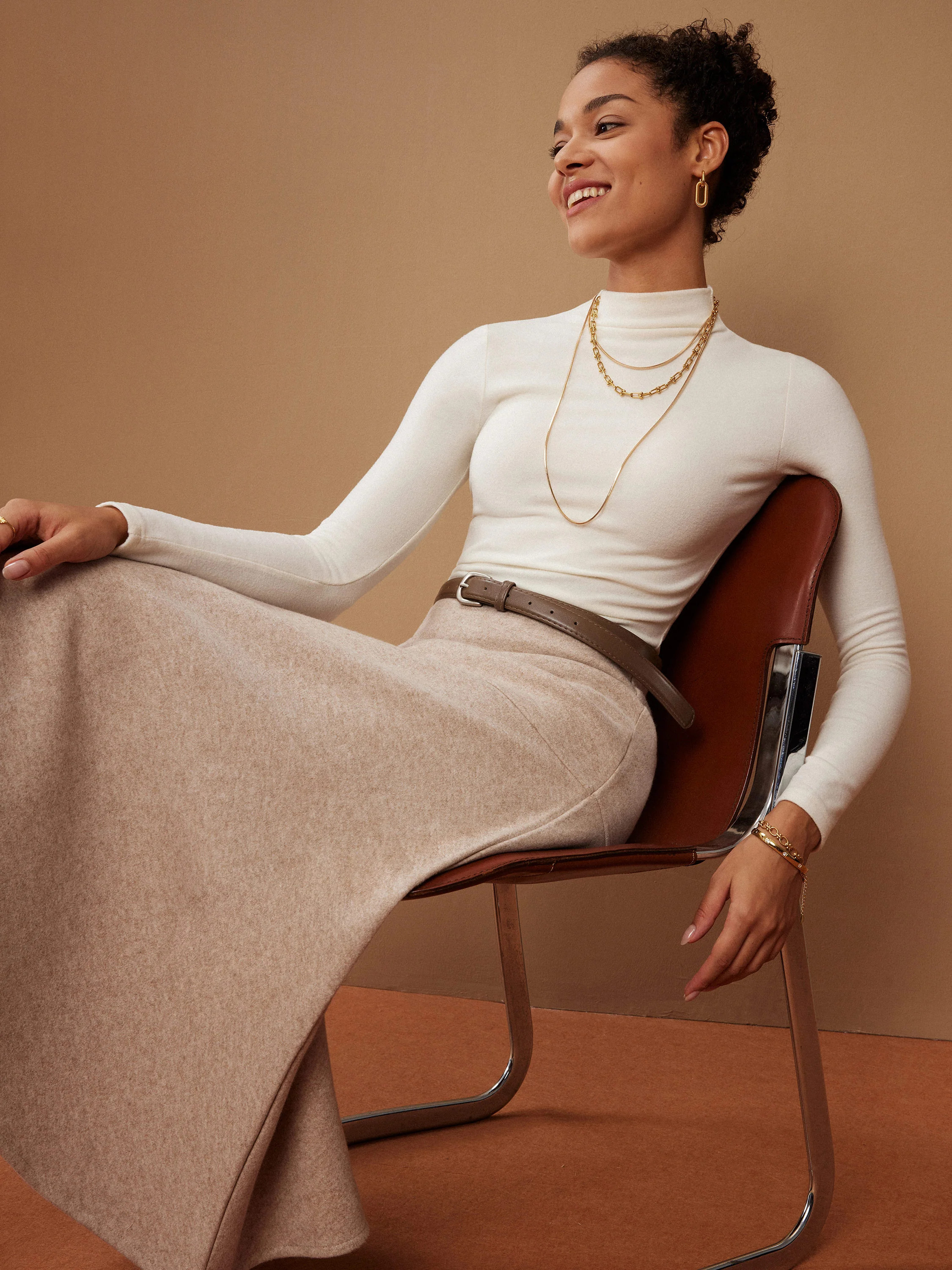 2Pcs Set Ruched Sides Tuckable Mockneck Top & Flared Maxi Skirt | OGLmove