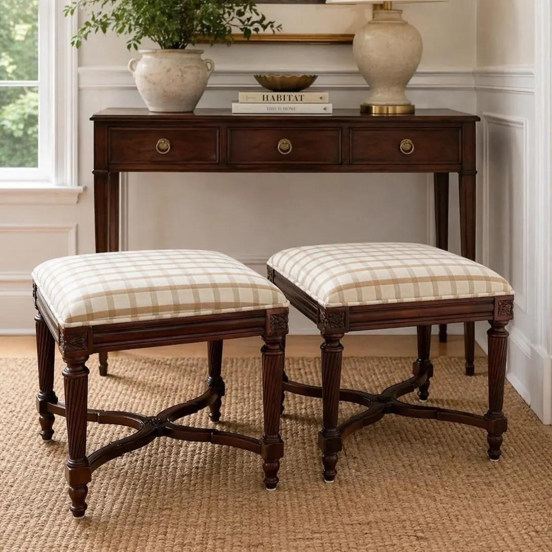Pair Neoclassical Mahogany Ottomans | Plaid Upholstered Benches, Fluted Legs | Etsy (Global)