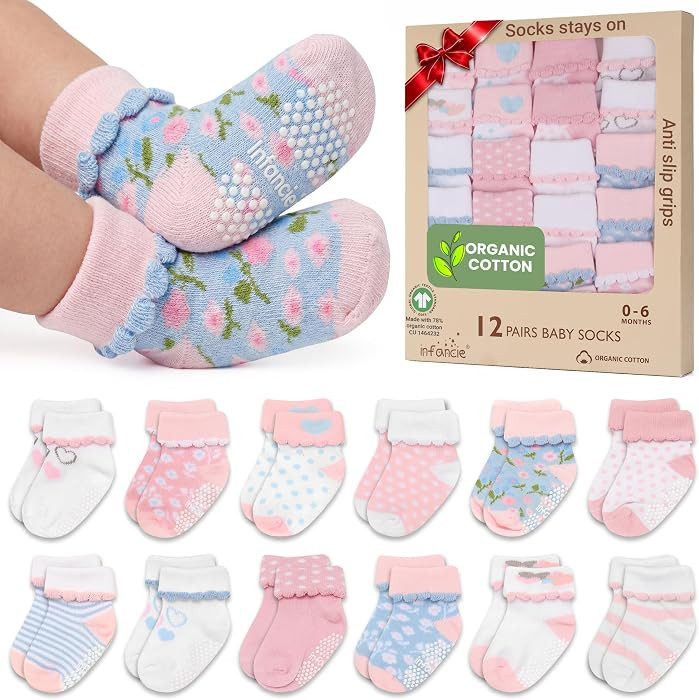 GOTS Organic Cotton Blend 12 Baby Newborn Socks 0-6 M Girl Non Slip Gift | Amazon (US)