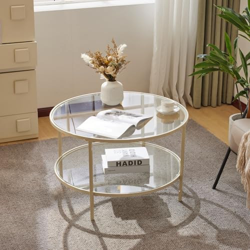 VINGLI Glass Coffee Table, 30" Round Coffee Table, Transparent Glass Coffee Tables for Living Room, 2-Tier Coffee Table with Storage, Modern Center Table with a Beige Frame, Mesa de Centro para Sala | Amazon (US)