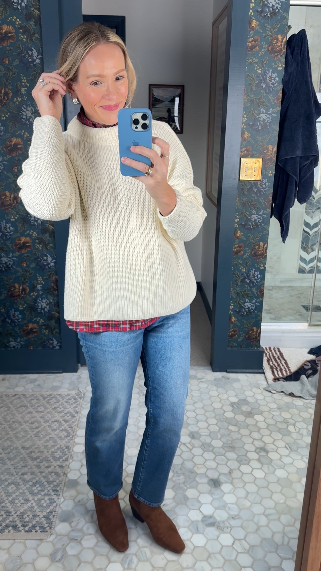 Wearing my regular size small in plaid button down & montecito sweater from frank and Eileen. Jcrew ankle boots & nipped straight jeans (petite length, 5’3”) 

#LTKOver40 #LTKHoliday #LTKPetite