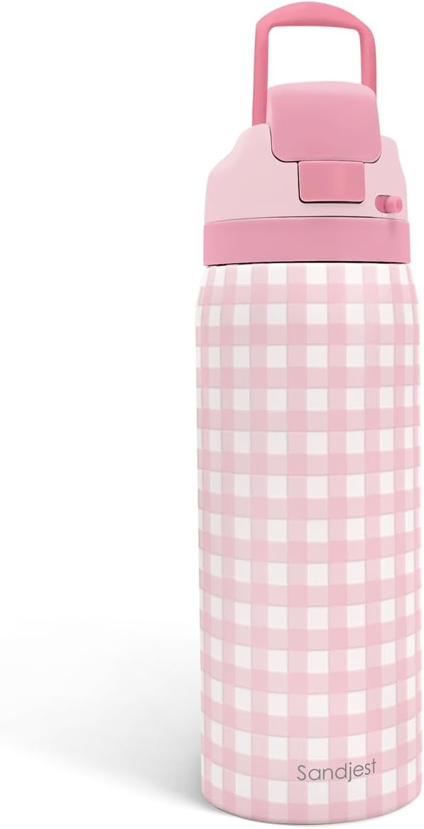 Gingham Pattern Insulated Stainless Steel Water Bottle with Straw, Push-Button Lid, 32 Ounce, Gif... | Amazon (US)