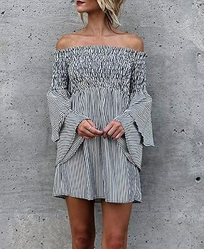 Women's Striped Off Shoulder Ruched Bell Sleeve Dress Loose Fit T Shirt Dress | Amazon (US)