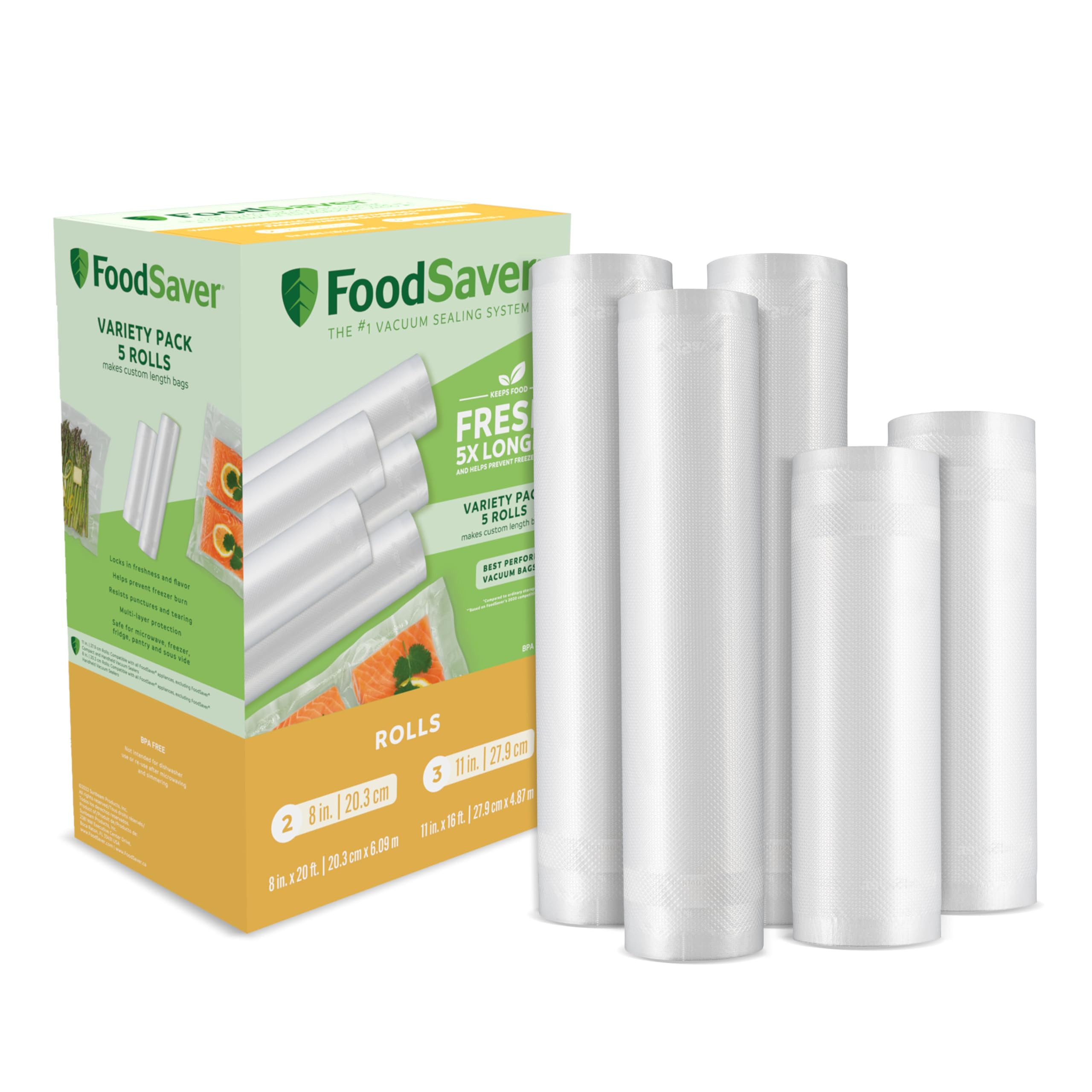 FoodSaver Custom Length Vacuum Sealer Bags Multipack, 5 Count Rolls for Airtight Food Storage and... | Amazon (US)
