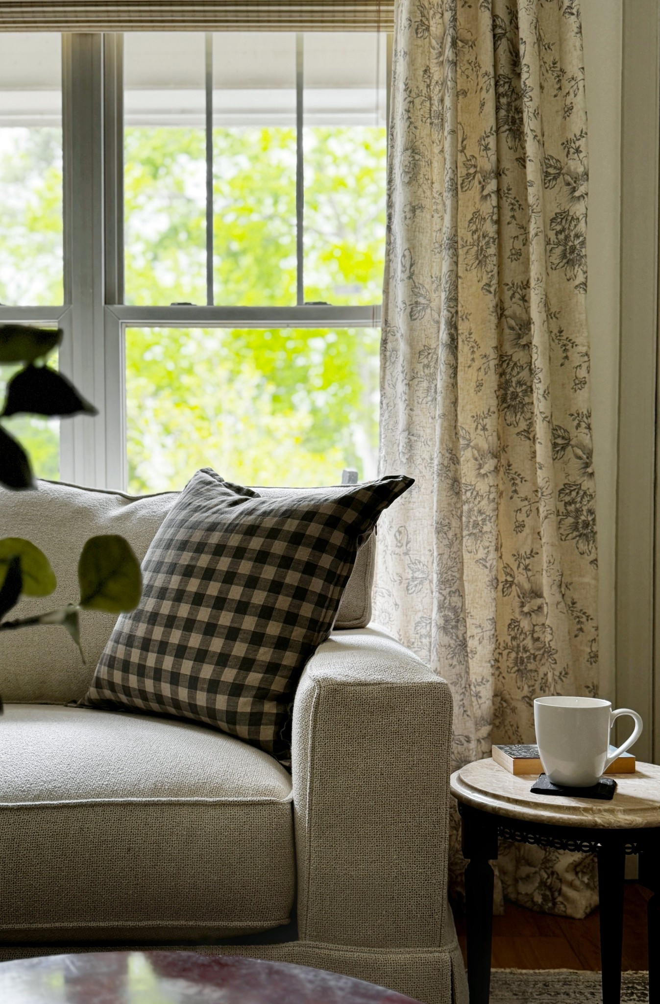 Spring curtains/linen floral curtains/neutral living room/pottery barn, white sofa/gingham throw pillows

#LTKHome