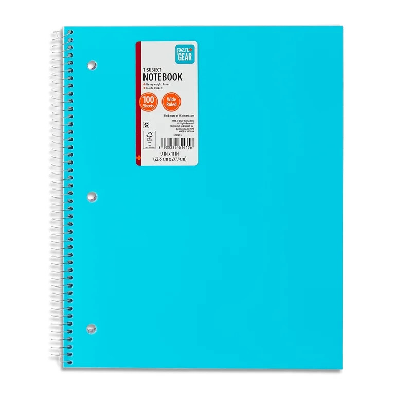 Pen + Gear Poly 1-Subject Notebook, Wide Ruled, 9" x 11", 100 Sheets, Teal | Walmart (US)