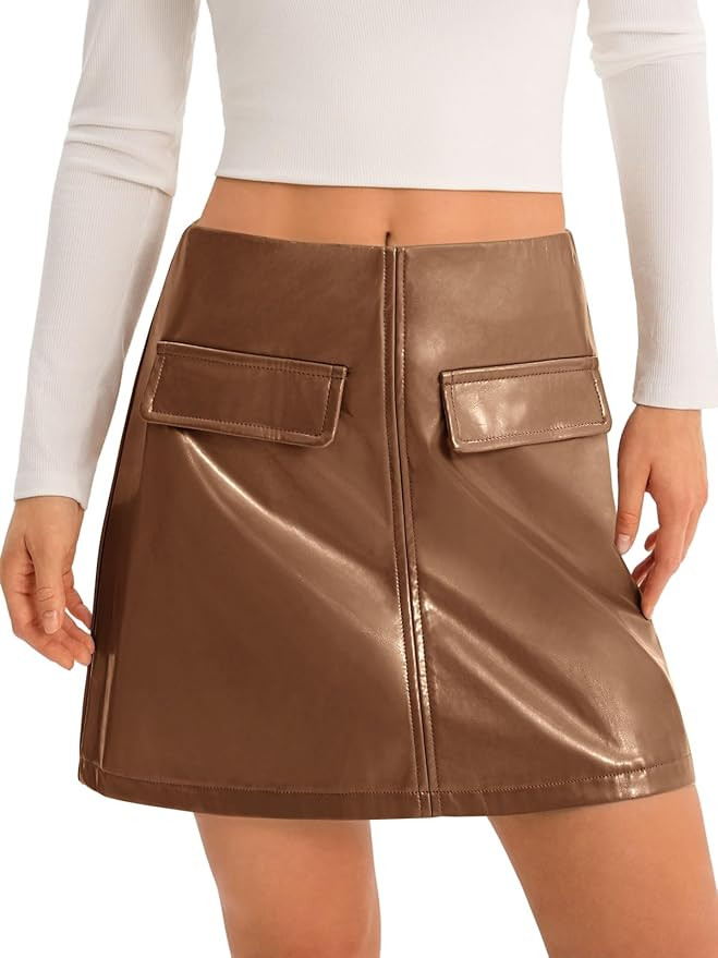 Yousify Womens Faux Leather Mini Skirts High Waisted A-Line Fall Short Skirt with Pockets | Amazon (US)