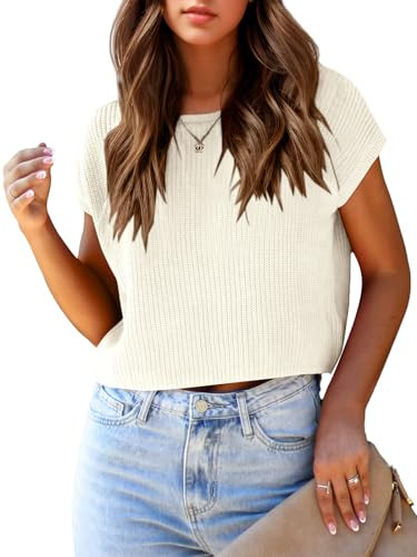 Saodimallsu Womens Cap Sleeve Crop Tops Summer Trendy Going Out Crew Neck Loose Knit Cropped Sweater Vest Tank Top | Amazon (US)