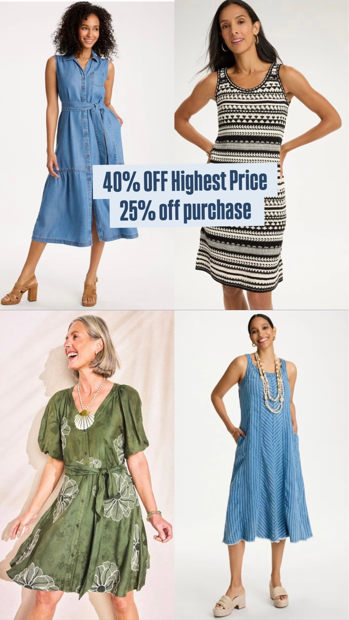 Chico’s 4th sale. 40% off highest price
25% off purchase. 
Denim dresses, summer dresses, summer style, Chico’s style

#LTKOver40 #LTKWorkwear #LTKSeasonal