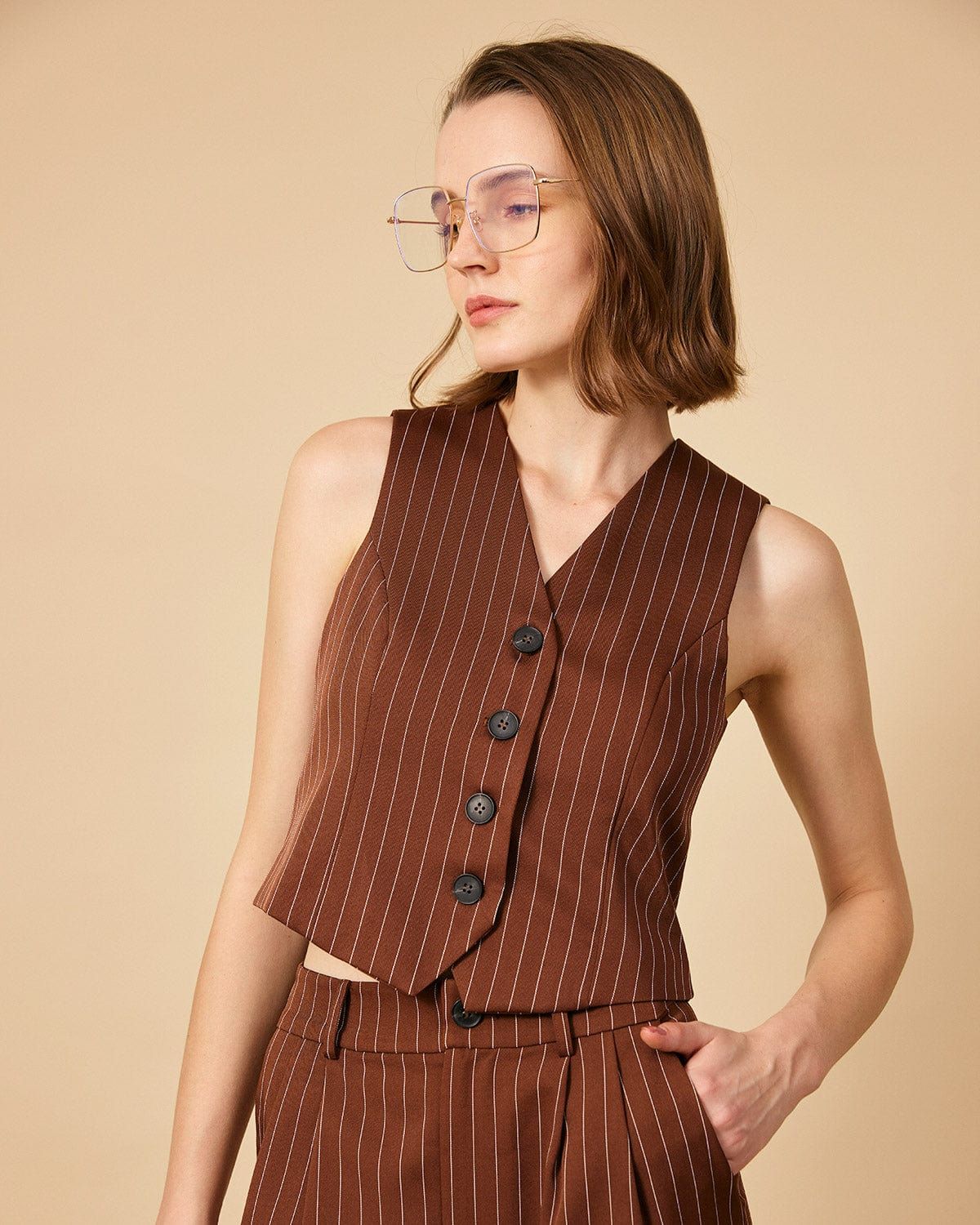 The Brown V Neck Striped Single-breasted Vest & Reviews - Brown - Tops | RIHOAS | rihoas.com