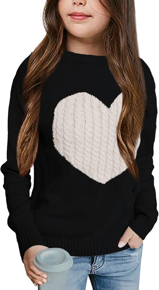 Batermoon Girls' Pullover Sweaters Long Sleeve Cute Heart Pattern Crewneck Knit Jumper Tops | Amazon (US)