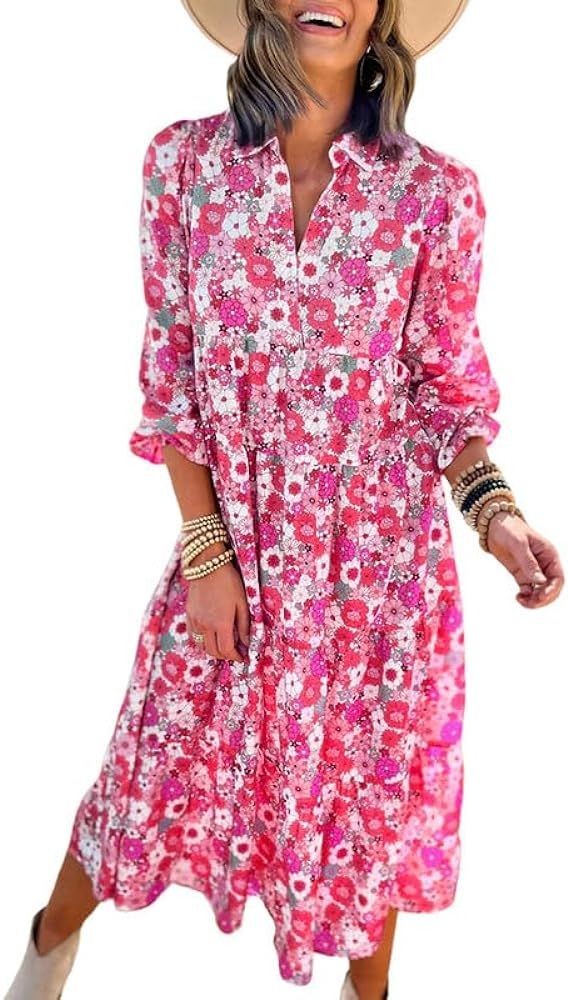 Dokotoo Women's Casual Loose Bohemian Floral Dresses 2024 Long Puff Sleeve V Neck Ruffle A Line F... | Amazon (US)