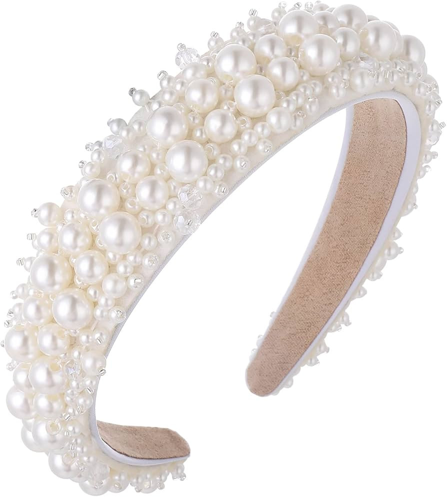Molain Faux Pearl Headbands White Bling Knot Rhinestone Satin Wide Thick Hairbands Bridal Beaded ... | Amazon (UK)