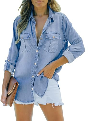Sidefeel Women's Denim Top Long Sleeve Jean Shirt Button Down Denim Shirt Small Sky Blue | Amazon (US)