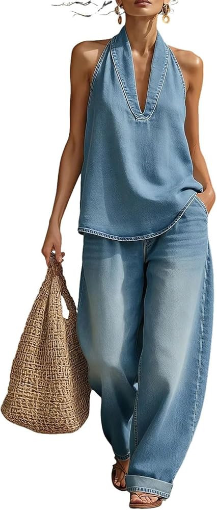 Denim Two Piece Outfits for Women Sexy Halter Neck Top & Flowy Wide Leg Pants Summer Travel Outfi... | Amazon (US)