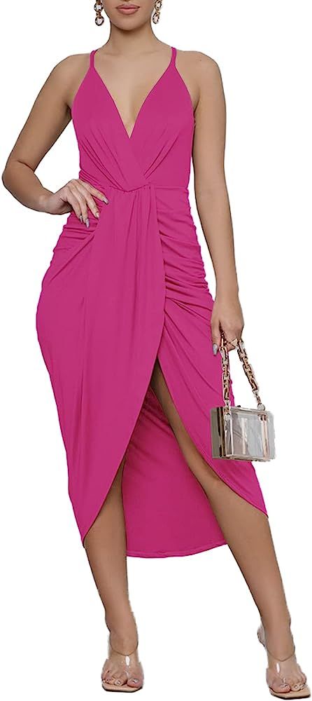 LYANER Women's V Neck Ruched Wrap Slit Hem Sleeveless Spaghetti Strap Midi Bodycon Dress | Amazon (US)