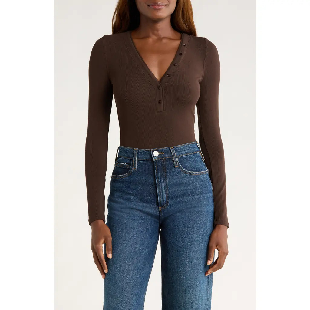 FRAME The Mesh Trim Rib Henley in Coffee at Nordstrom, Size Medium | Nordstrom