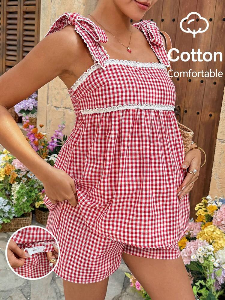 SHEIN Maternity Plaid Print Lace Patchwork Tie-Front Camisole And Shorts Casual 2-Piece Set Plaid Two Piece Set | SHEIN