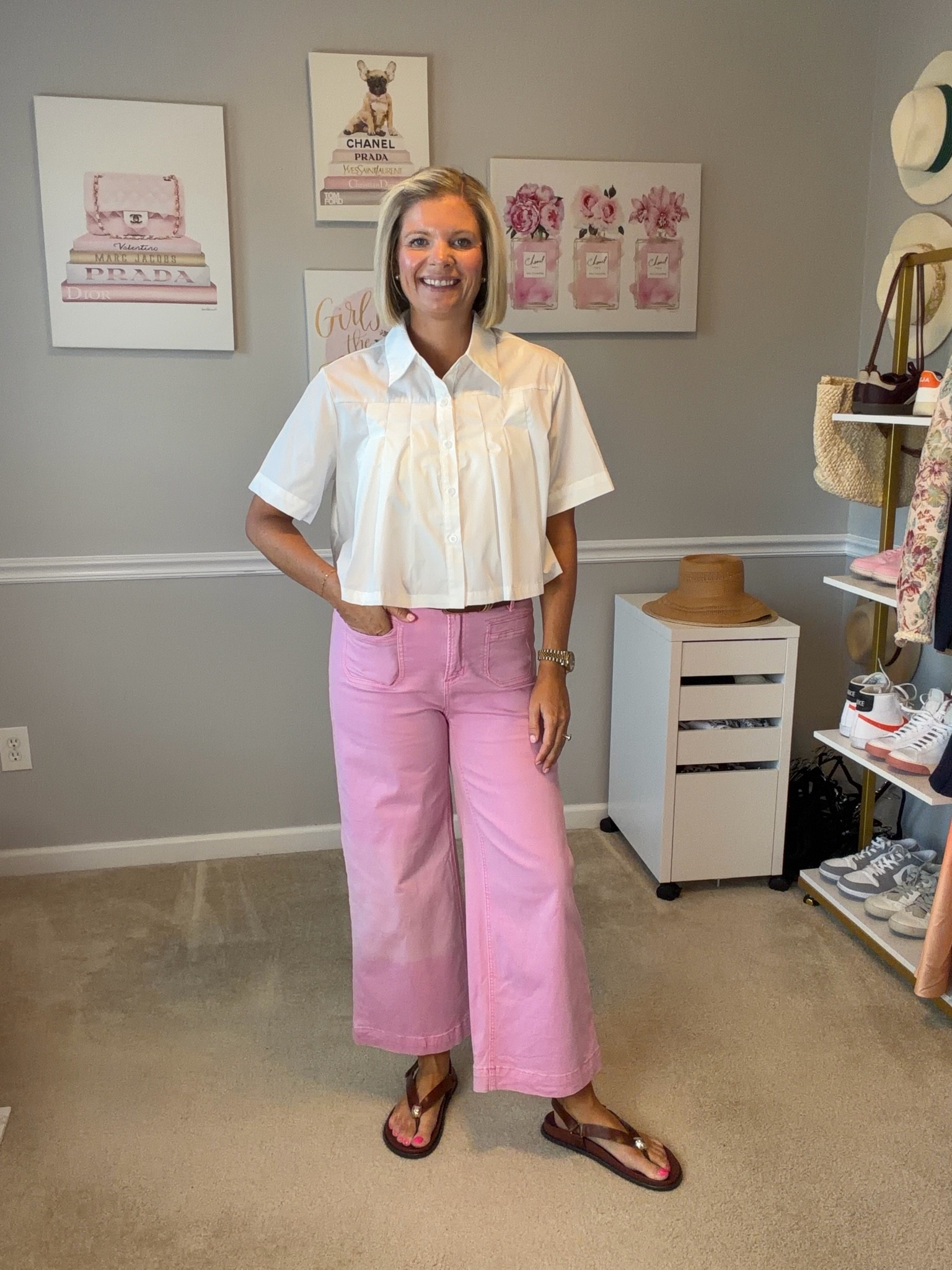Cropped white short sleeve button down TTS
Cropped flare pink jeans from Charlie B
Brown and black leather sandals TTS

#LTKTravel #LTKWorkwear #LTKOver40