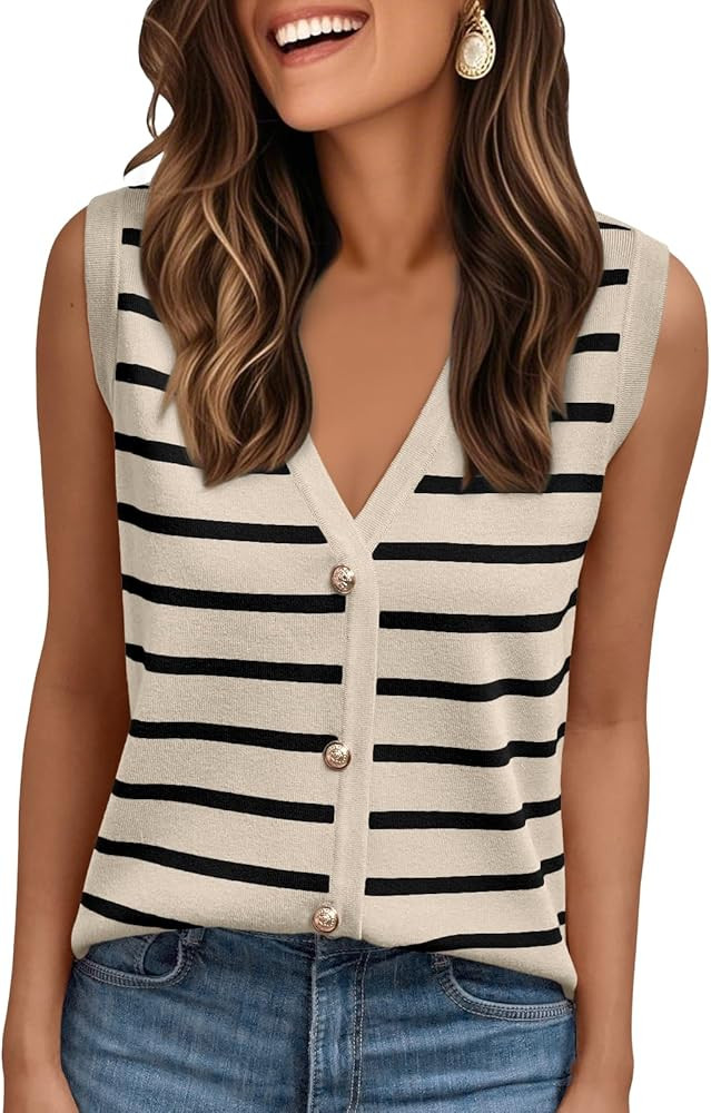 AUTOMET Vest for Women Striped Sweater Vests 2025 Trendy Summer Work Crochet Tops Button Up Busin... | Amazon (US)