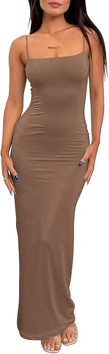 LILLUSORY Womens Summer Casual Slip Dresses Spaghetti Strap Double Lined Bodycon Maxi Dress | Amazon (US)