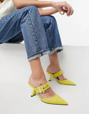 ASOS DESIGN Saga buckle feature mid heeled mules in lime | ASOS (Global)