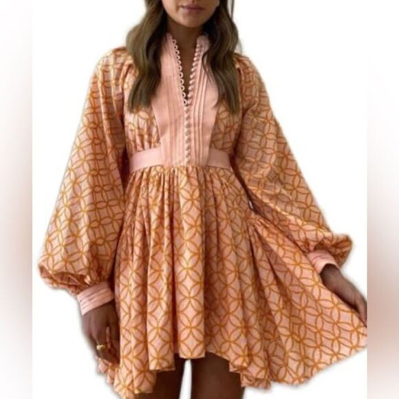 Geometric Pattern Balloon Sleeve Dress in Peach and Pink | Poshmark