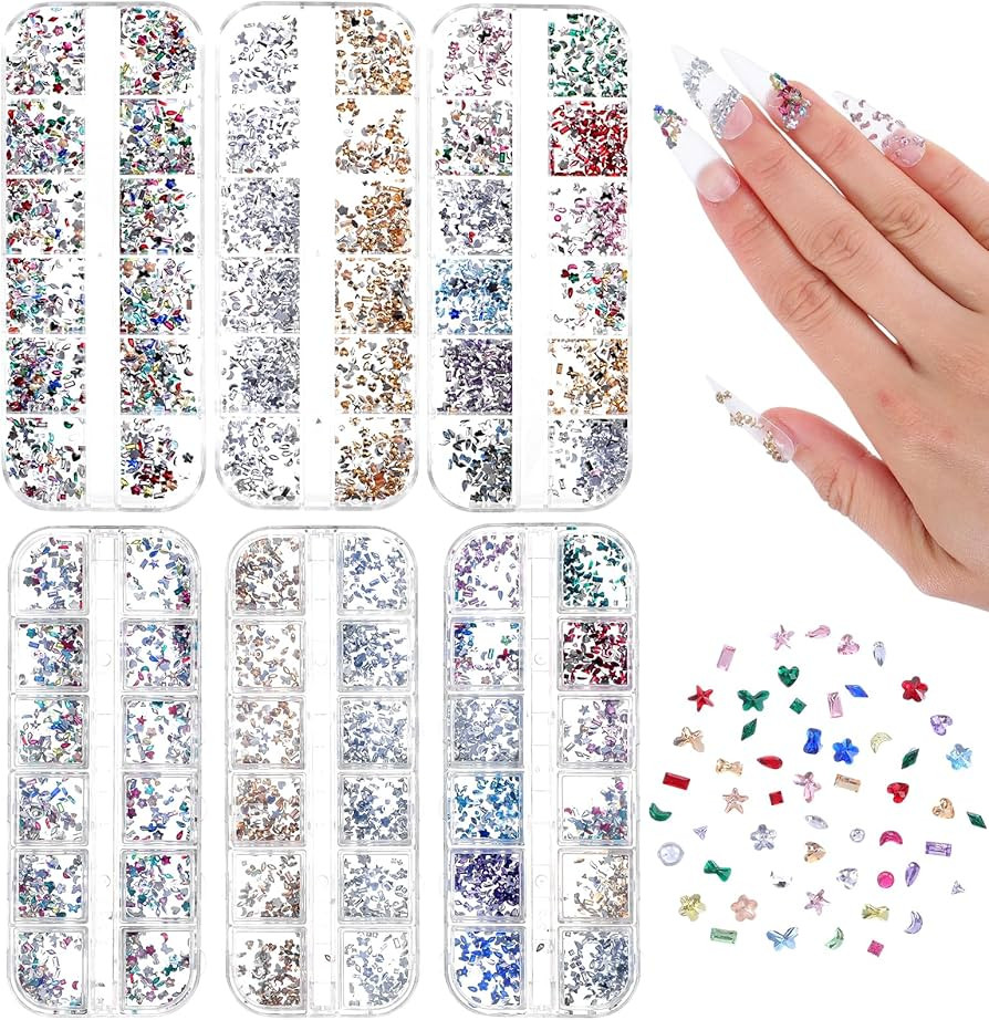 6 Boxes/72Gird 6000pcs Colorful Nail Art Rhinestones Charms, 3D Multi Shape Flatback Nail Jewels,... | Amazon (US)