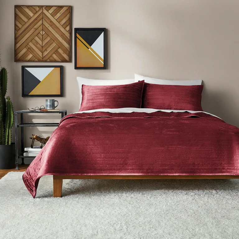 Mainstays Soft Velvet Stripe Quilt, Luscious Merlot, King, All Ages | Walmart (US)