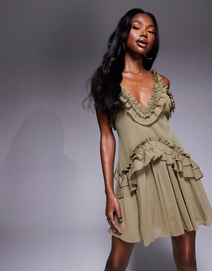 ASOS DESIGN ruffle strap detail mini dress with gold trim in khaki-Green | ASOS (Global)