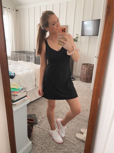 Lulu align dress styling, coffee outfit, Saturday running errands outfit, white sneakers, pink Nikes, little black dress, casual dress with shorts 🖤

#LTKtravel #LTKstyletip #LTKfamily