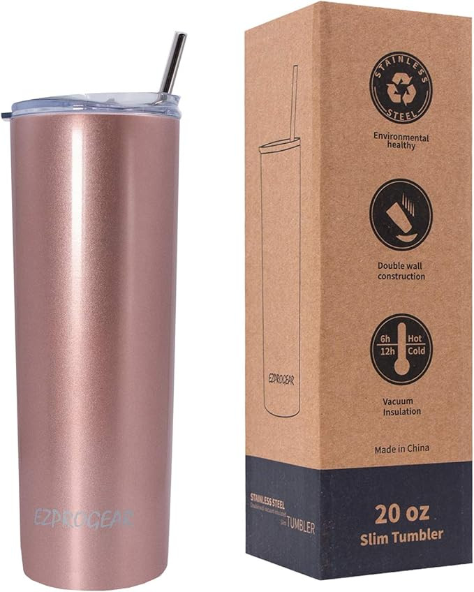 Ezprogear 20 oz Rose Gold Stainless Steel Slim Skinny Coffee Tumbler Vacuum Insulated with Straw ... | Amazon (US)