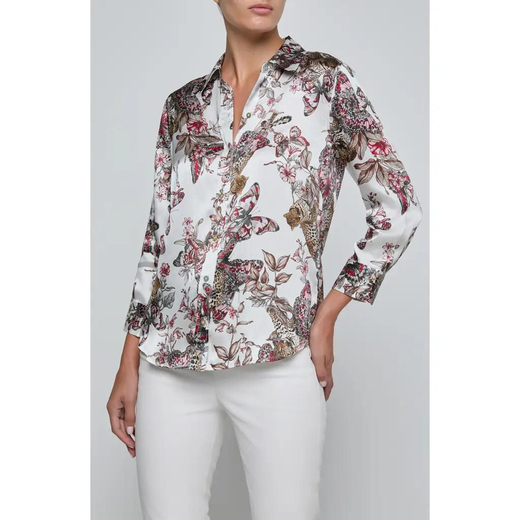 L'AGENCE Dani Butterfly Print Three-Quarter Sleeve Silk Button-Up Shirt in Butterfly Jungle at Nordstrom, Size Large | Nordstrom