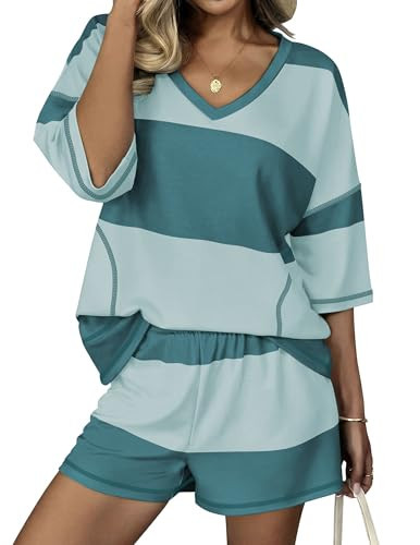 Ekouaer Two Piece Sets for Women Summer Lounge Sets 2026 Striped Shirts and Shorts Set Oversized Matching Outfit Light Green Combo L | Amazon (US)