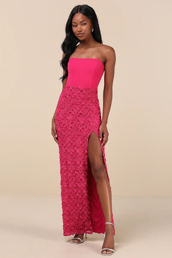 Ravishing Appeal Fuchsia 3D Floral Applique Strapless Maxi Dress, Bridal Dresses, Pink Bridal Dress | Lulus
