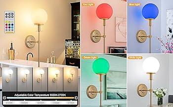 Tumgog RGB Battery Operated Wall Sconces Set of 2,Not Hard Wired Brass Gold -White Glass Globe Wa... | Amazon (US)