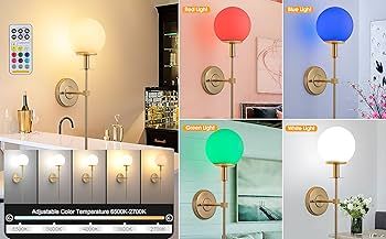 Tumgog RGB Battery Operated Wall Sconces Set of 2,Not Hard Wired Brass Gold -White Glass Globe Wa... | Amazon (US)