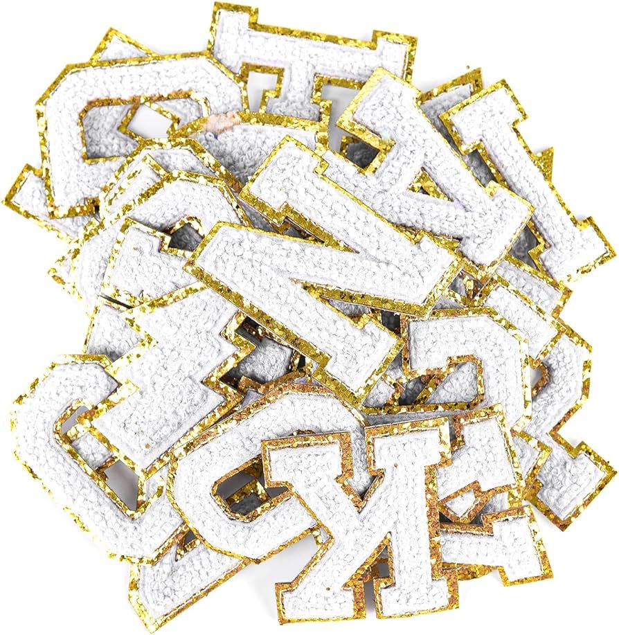 32 Pieces Chenille Letter Patches for Clothes,Varsity Letter Patches,Gold Glitter Trimmed Preppy ... | Amazon (US)