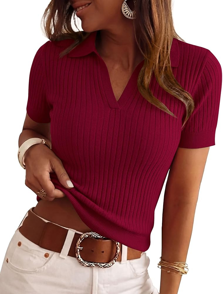 PRETTYGARDEN Women's Short Sleeve Sweater 2026 Spring Polo Shirts Ribbed Knit V Neck Business Cas... | Amazon (US)