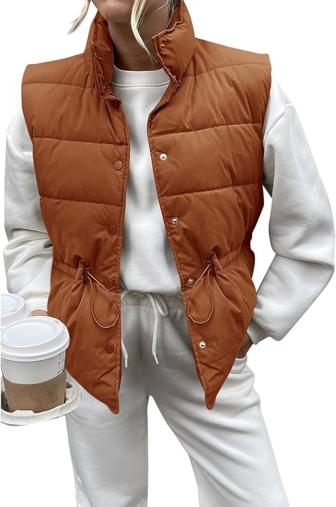 Womens Puffer Vest Stand Collar Button Down Padded Jacket with Drawstring Waist | Amazon (US)