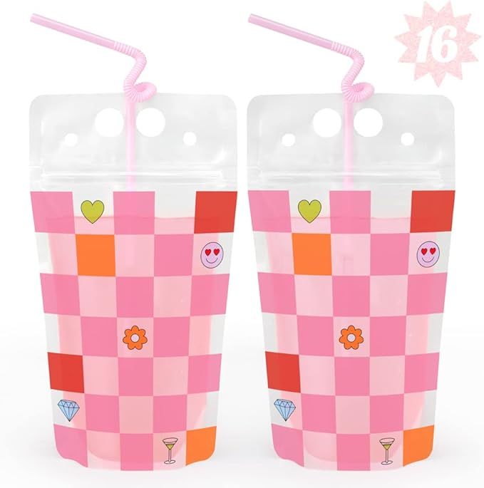 xo, Fetti Pink Checkered Drink Pouches - 16 count | Bachelorette Drinkware, Cute Bday Party Cups,... | Amazon (US)
