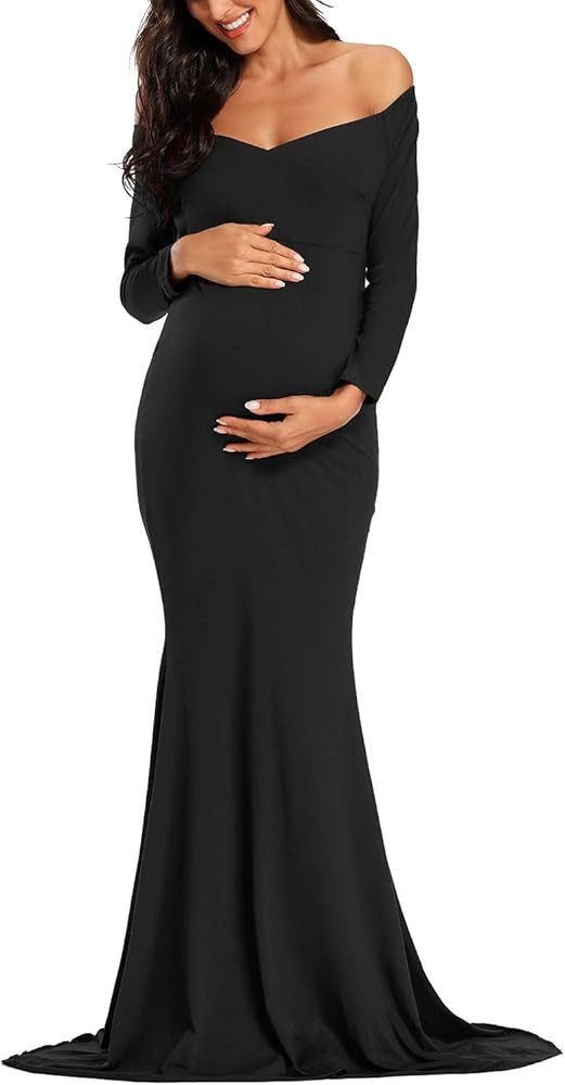 Ecavus Women's Off Shoulder Maternity Dress Slim Cross-Front V Neck Long Sleeve Gowns for Photoshoot | Amazon (US)