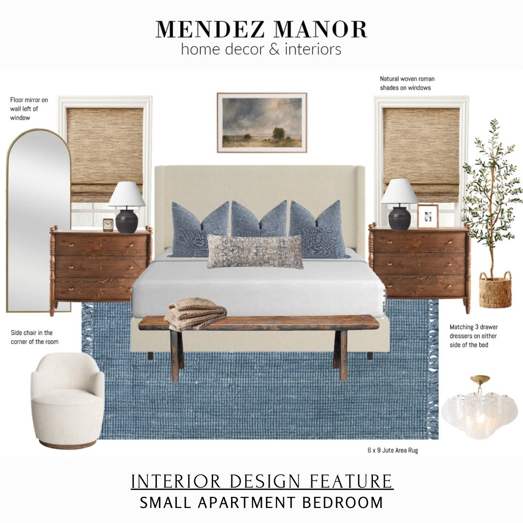 Master bedroom design with denim blue accents. 🙌🏻

Featuring an upholstered queen bed in ivory color, denim blue jute area rug, and natural wood side dressers. 

Also loving the Two Pages natural woven bamboo Roman shades. Use my code: MENDEZMANOR for 25% off! 

#home #bedroom #decor #guestbedroom

#LTKSaleAlert #LTKHome #LTKStyleTip