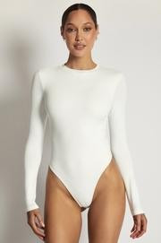Delilah Long Sleeve Crew Neck Bodysuit - White | MESHKI US